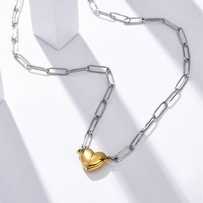 304 Stainless Steel Double-Sided Magnetic Heart Pendant Paperclip Chain Necklaces