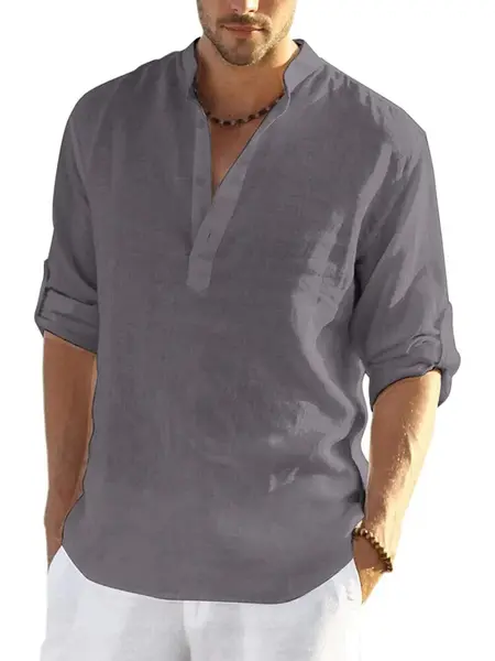 Cotton Linen Style Henley Shirt (US Only), Dark Grey / 4XL