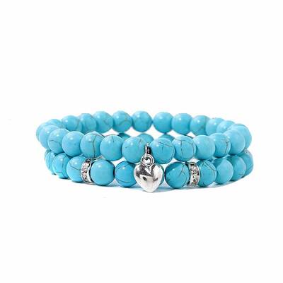 2Pcs 2 Style Synthetic Turquoise Stretch Bracelets Set