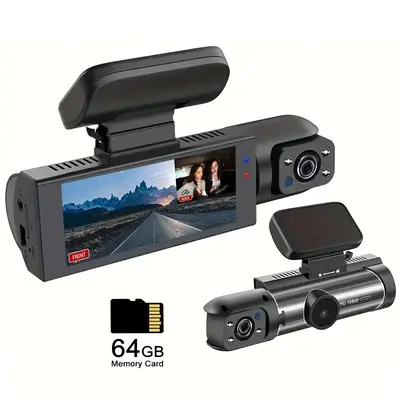 Dual Recording Car DVR Camera, Dash Cam with 64GB Memory Card, Wide Angle Car Dash Camera with 3.16 Inch lPS Screen, Video Su...