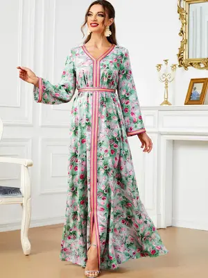 Arabic Clothing - Floral Print Embroidered Split Long Sleeve V Neck Dress, Modest Tie Back A Line Long Dress for Spring & Fal...