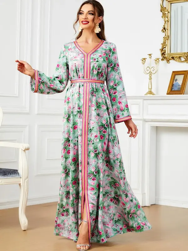 Arabic Clothing - Floral Print Embroidered Split Long Sleeve V Neck Dress, Modest Tie Back A Line Long Dress for Spring & Fal...