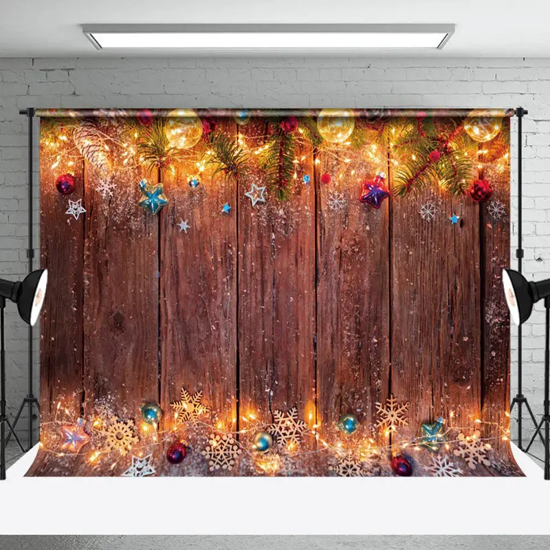Aperturee Light Pine Leaves Brown Wooden Christmas Backdrop - Aperturee