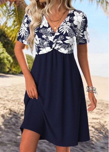 Modlily Navy Tummy Coverage Floral Print Short V Neck Dress - S