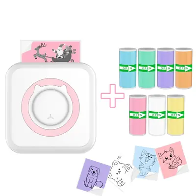 Portable Mini Printer with 7 Rolls Colorful Self Adhesive Paper, 1 Set USB Rechargeable Wireless Thermal Printer, Portable Mi...