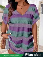 【Plus Size】 Striped Print V Neck Tee, Casual Shortsleeve T-shirt for Summer, Women's Plus Clothing for Daily Wear, Womens...