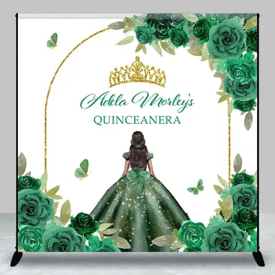Green Rose Gold Crown Custom Quinceanera Backdrop