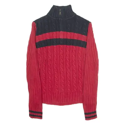 TOMMY HILFIGER Womens Jumper Red 1/4 Zip Cable Knit M