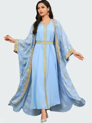 Arabic Clothing-floral Print Embroidered Abaya & Belted Long Dress Set, Casual Elegant Modesty Islamic Set for Daily Wear, Wo...