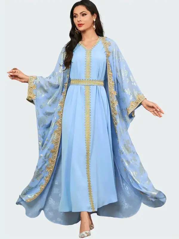 Arabic Clothing-floral Print Embroidered Abaya & Belted Long Dress Set, Casual Elegant Modesty Islamic Set for Daily Wear, Wo...