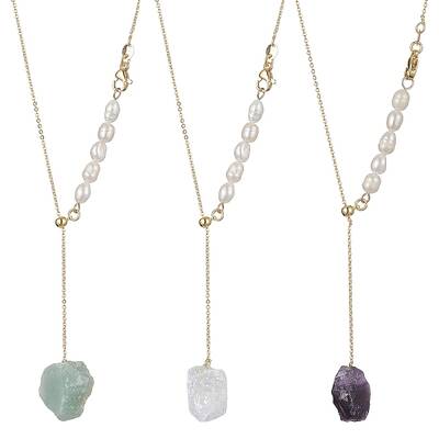 Natural Mixed Gemstone Nugget Pendant Lariat Necklace with Pearl Beaded
