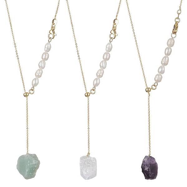 Natural Mixed Gemstone Nugget Pendant Lariat Necklace with Pearl Beaded