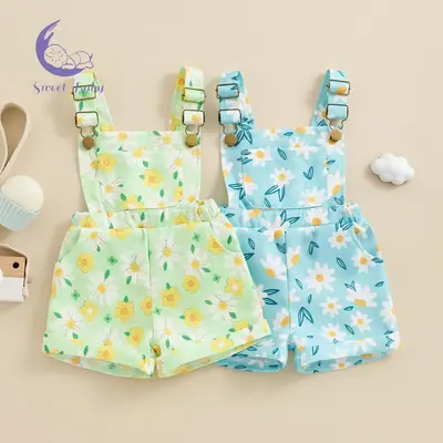 Little Girl Suspender Jumpsuit Floral Print Pocket Front Sleeveless Overalls Shorts