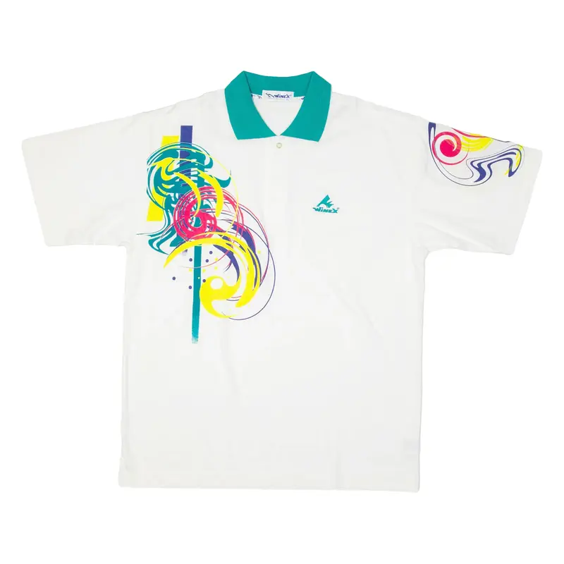 WINEX Mens Polo Shirt White Crazy Pattern 2XL