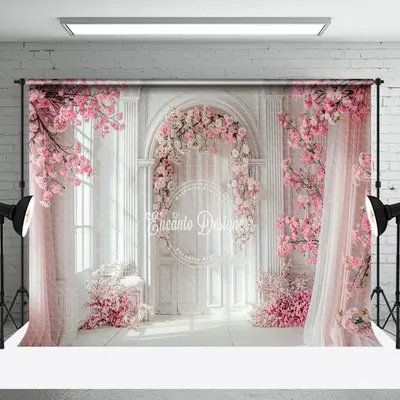 White Wall Pink Curtain Floral Backdrop For Wedding