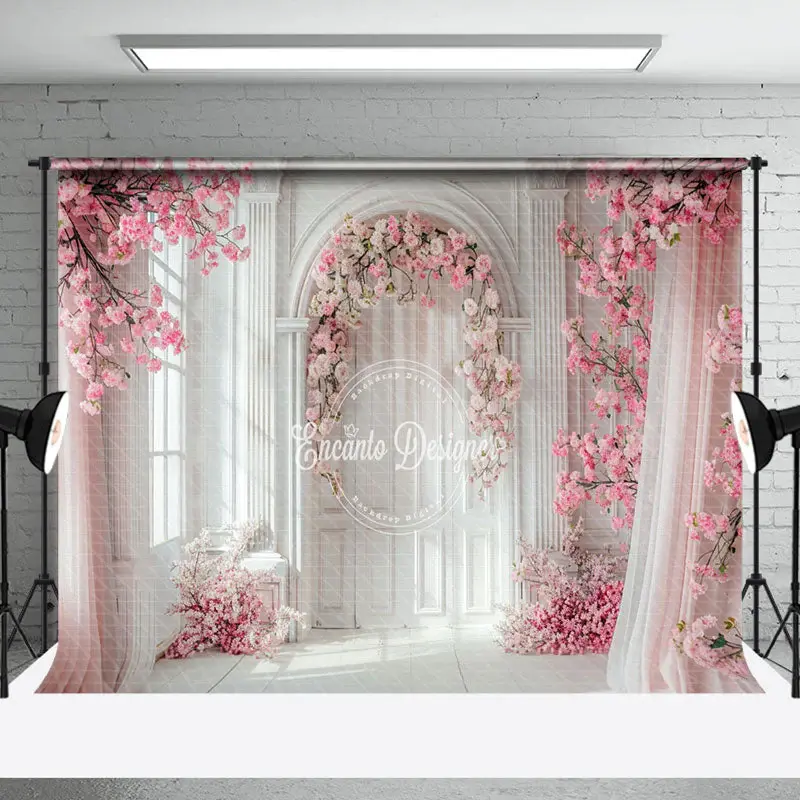 White Wall Pink Curtain Floral Backdrop For Wedding
