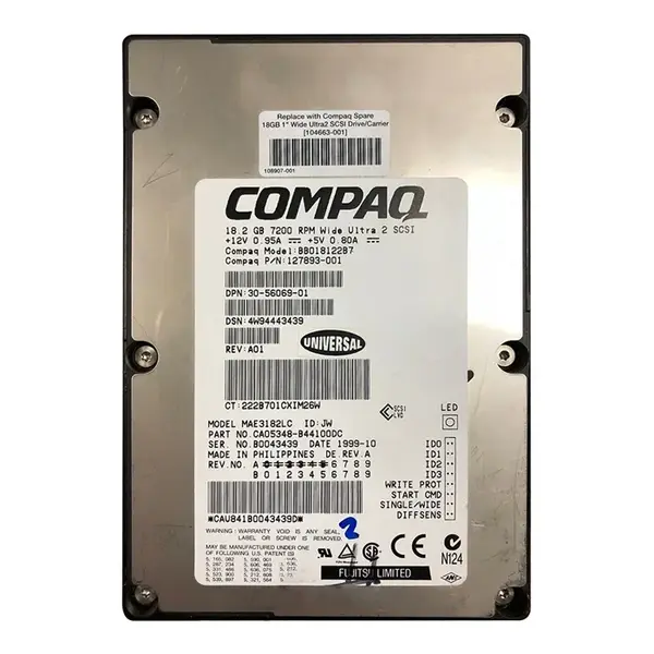 108907-001 HP 18GB 10000RPM Ultra2 Wide SCSI 3.5-Inch 1MB Cache Hot Swap Hard Drive