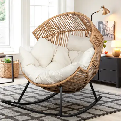 Walsunny Rocking Egg Chair Open Wicker Rattan Patio Chair Oversized Lounger Chair with Cushion Basket for Bedroom Balcony Bac...
