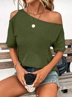 Women's Plain Asymmetrical Neck Tee, Casual Off Shoulder Short Sleeve T-Shirt for Summer, Ladies Clothes for Daily Wear, Top,...