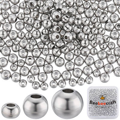 Beebeecraft 1 Box 450Pcs Round Spacer Beads Stainless Steel 3 Size Smooth Loose Ball Beads for Jewelry Making Charms Findings...