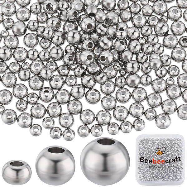 Beebeecraft 1 Box 450Pcs Round Spacer Beads Stainless Steel 3 Size Smooth Loose Ball Beads for Jewelry Making Charms Findings...