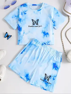 Girl's Butterfly Print Short Sleeve T-shirt & Elastic Waist Shorts Two-piece Set, Casual Round Neck Tee & Skinny Shorts for D...