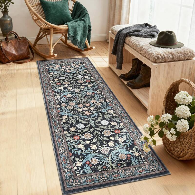 Garvee Runner Rug 2x6 Non-Slip Washable Stain-Resistant Ultra-Thin Faux Wool Low Profile Soft Floral Entryway Kitchen Hallway