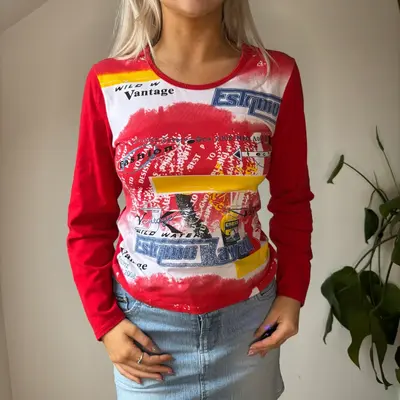 Pengqui Graphic Long Sleeve Top - Small Red Cotton Blend