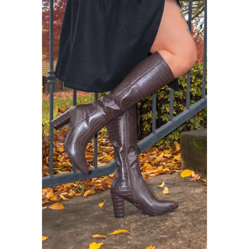 Martha - Embossed Croc Chunky Heel Boots, Inward-Zipper Closure, Stylish Winter Footwear, Bold & Comfortable for Casual or Dr...