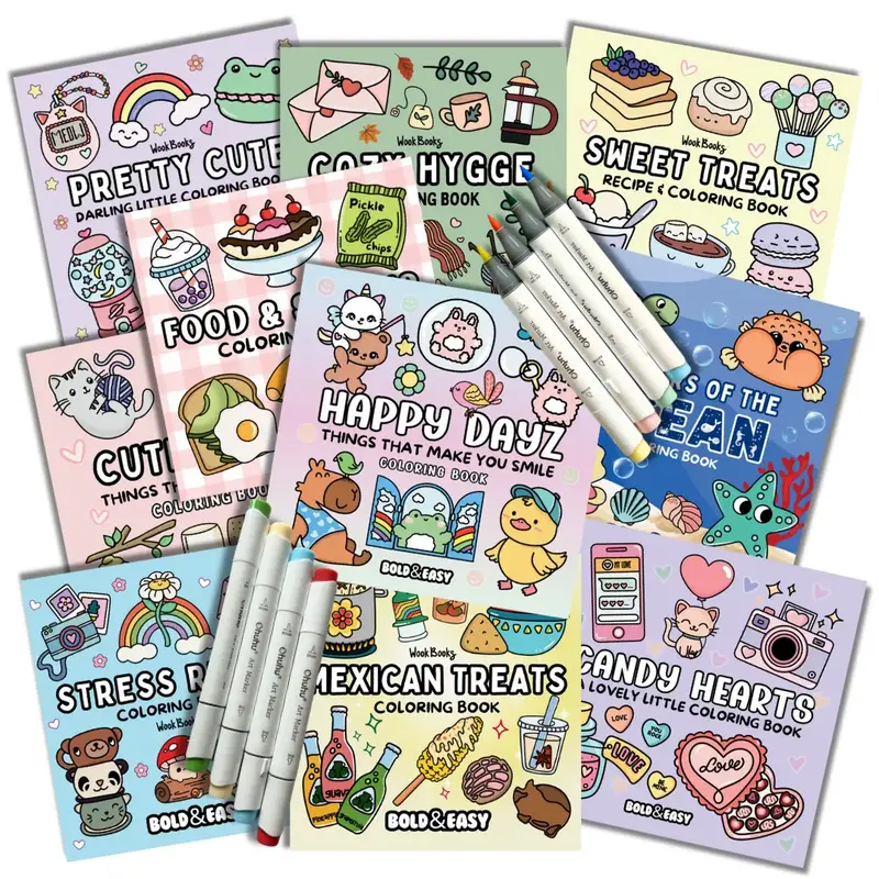 3 Coloring Books + 8 Ohuhu Markers - Build Your Own Coloring Book Bundle by Wook Books
