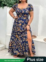 【Plus Size】 Floral Print Split Thigh Tie Front Dress, Boho Square Neck A Line Dress for Summer, Women's Clothes for Beach...