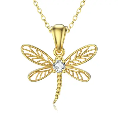 10K Gold Cubic Zirconia Dragonfly Pendant Necklace