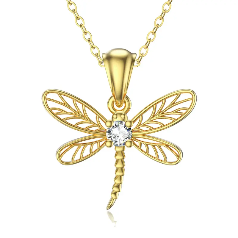 10K Gold Cubic Zirconia Dragonfly Pendant Necklace