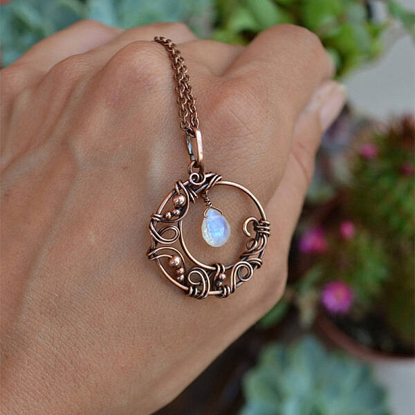 Copper Wire Wrapped Moon with Synthetic Moonstone Drop  Pendant Necklaces