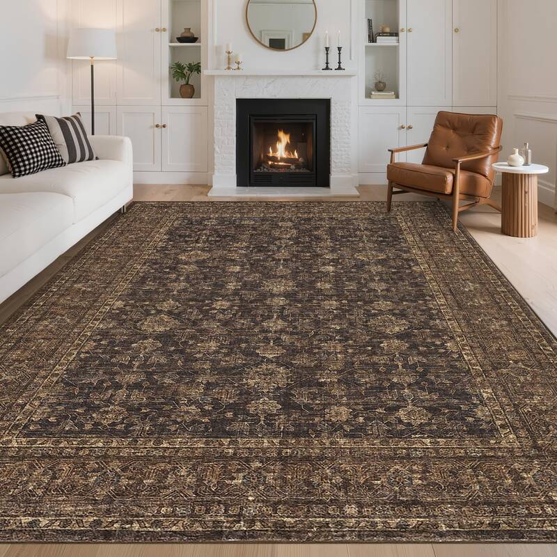Garvee Washable 9x12 Area Rugs Vintage Floral Print Non Slip Soft Stain Resistant Large Carpet Brown for Living Room Bedroom ...