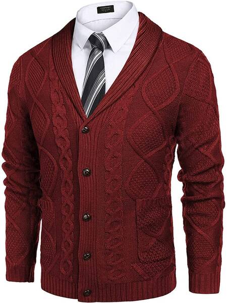 Shawl Collar Button Down Knitted Sweater with Pockets (US Only), Wine Red / XXL