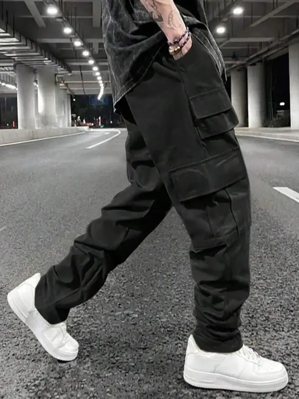Men's Solid Drawstring Waist Cargo Pants, Street Fashion Casual Pocket Elastic Waist Trousers for Daily Wear, Men's Bottoms f...