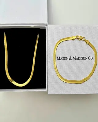 18K Gold Herringbone Chain Necklace Bracelet Bundle Set