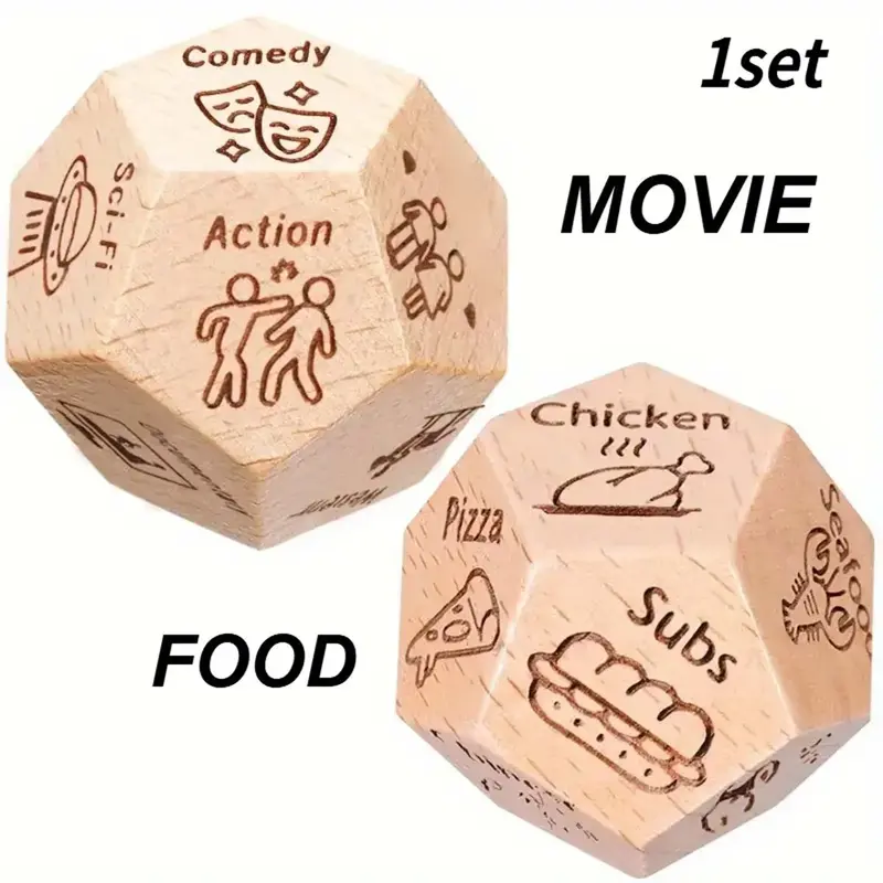 Wooden Decision Dice Set, 2/10 Counts 12-sided Food & Date Night Movie Selection Dice, Party Game for Couples, Gift for Husba...