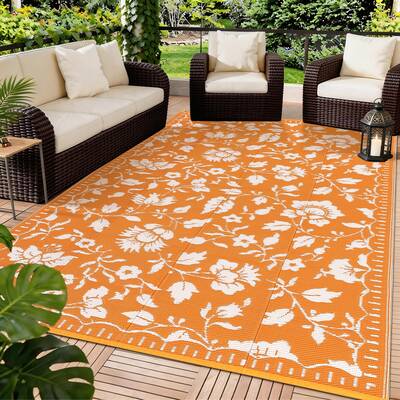 Garvee 10x14 Orange&White Outdoor Rug Waterproof Reversible, Floral Plastic Straw Patio Rug, Foldable Outdoor Area Rug for RV...