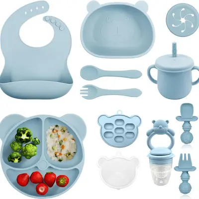 Cute Bear Design Silicone Feeding Set, 11pcs/set Baby Food Feeding Bowl & Spoon & Fork & Bib & Straw Cup & Snack Cup & Ice Cu...