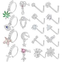 18Pcs 20G Gold/Silver Dangle Nose Rings for Women, Surgical Steel L-Shaped Studs with CZ, Cute Heart Butterfly Leaf Moon Pier...