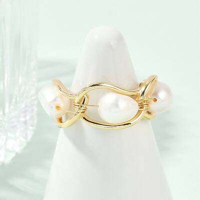 Brass Pearls Open Cuff Rings for Women