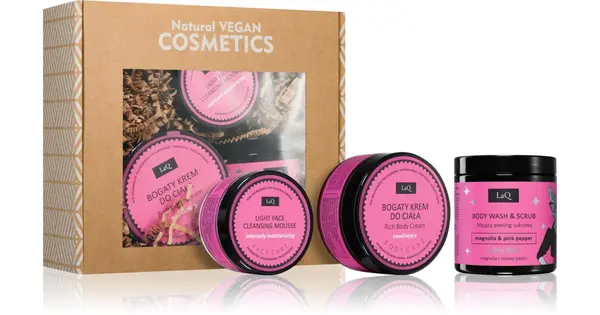 LaQ Kitten Magnolia Gift Set Softening Sugar Scrub 220g + Moisturizing Body Cream 200ml + Deep Cleansing Mousse 40g