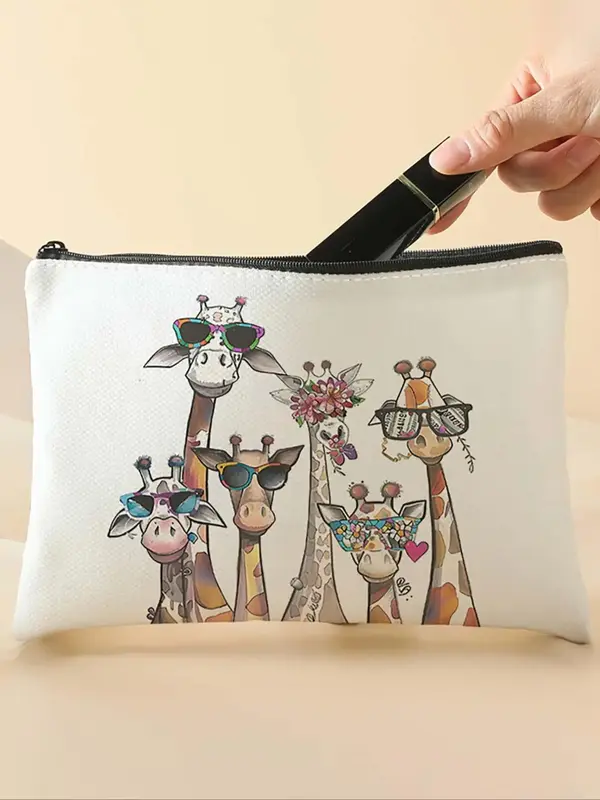 Cartoon Giraffe Pattern Makeup Bag, Multi-functional Storage Bag, Travel Makeup Bag, Cosmetic Pouch, Suitable for Leisure Tra...