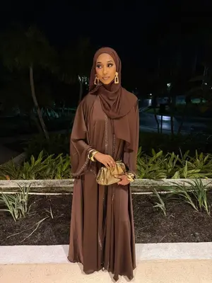 Aaliyah Brown Abaya Set - All Seasons Wearable Open/Closed Abaya with Matching Hijab & Belt - Comfortable Quality Material