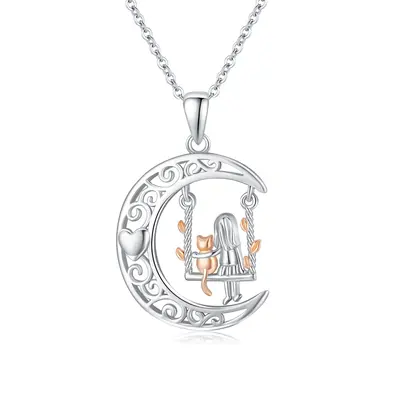 Sterling Silver Two-Tone Girl With Cat Pendant Necklace For Women