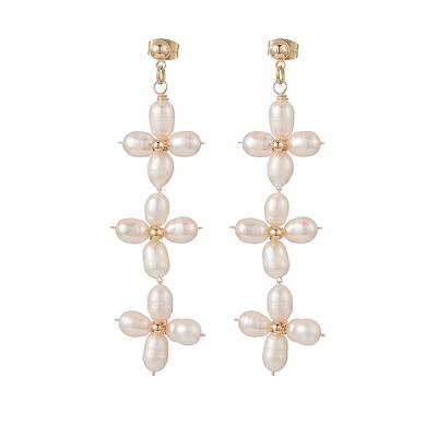 Natural Pearl Flower Long Dangle Stud Earrings