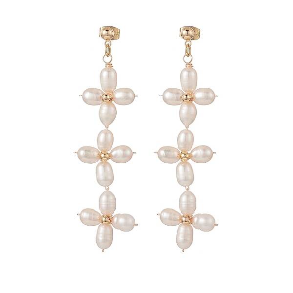 Natural Pearl Flower Long Dangle Stud Earrings