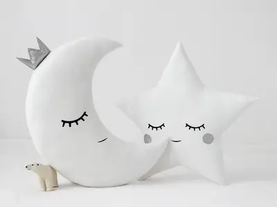 Set of 2 White Pillows - Crescent Moon and Star Pillows with Silver Touch